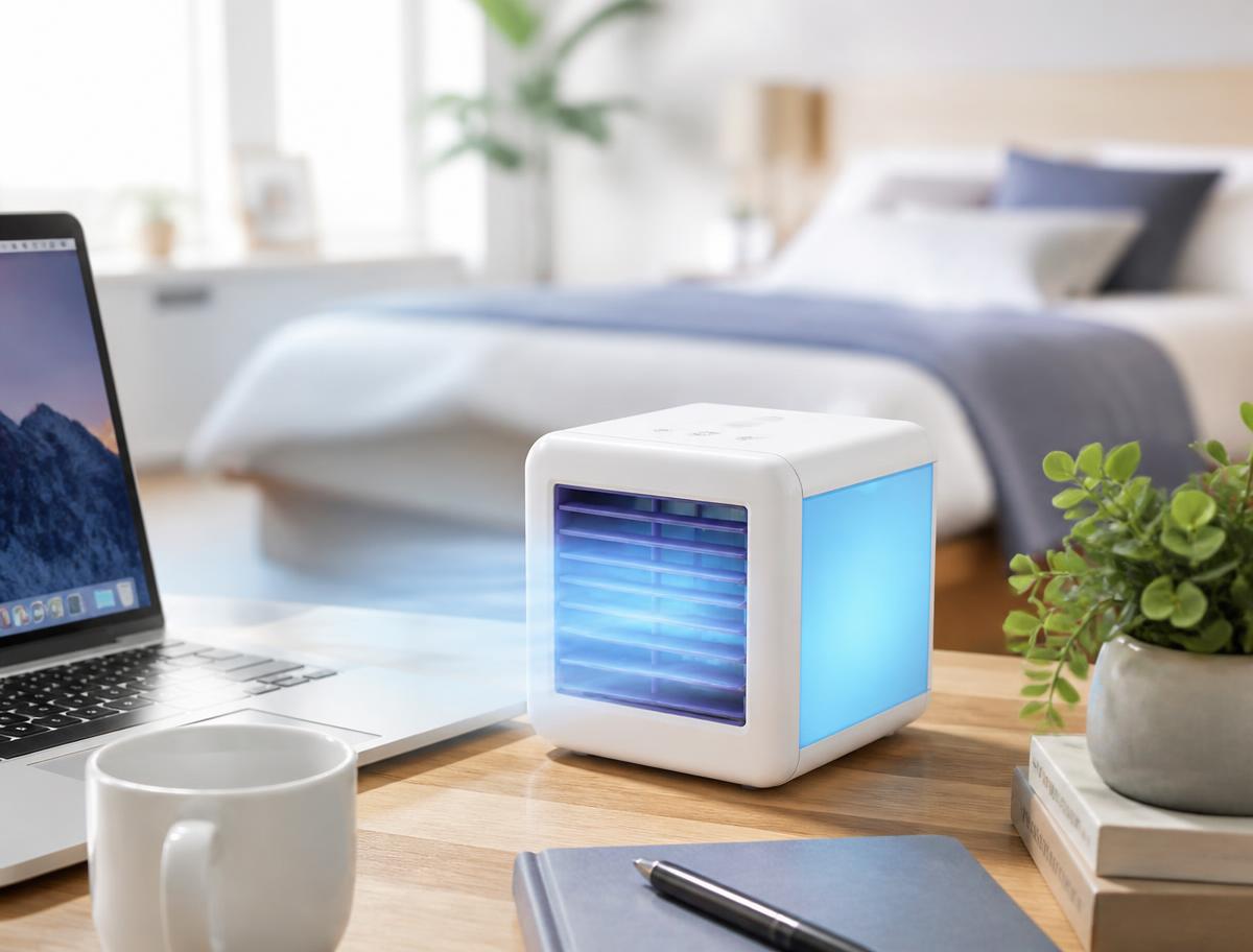 Arctic Air Ice Jet X3 mini air conditioner cooling a home office desk beside a laptop