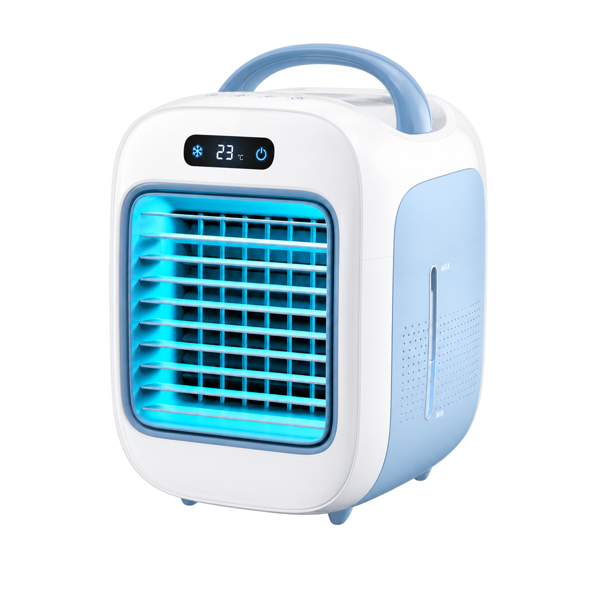 Arctic Air Ice Jet X3 portable air cooler with glowing cyan front vent